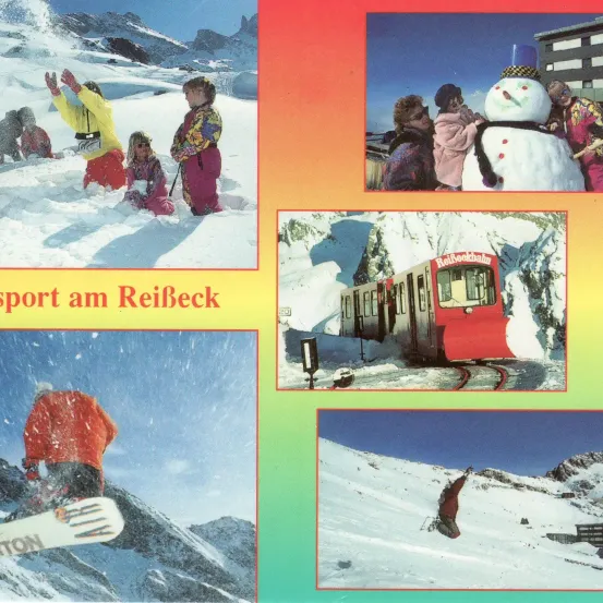 Eine Collage von Wintersportbildern mit Skifahrern, einem Snowboarder, einem Schneemann und einer Zug auf verschneiten Bergen.