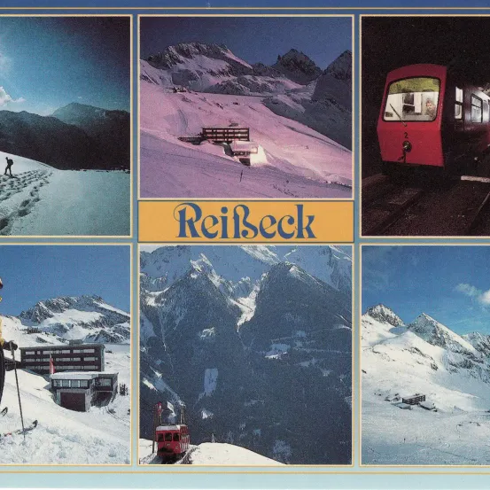 Eine Collage von Bildern, die Winterszenen in Reilbeck zeigt. Beinhaltet einen verschneiten Berg, eine Person beim Skifahren, eine Skilift, einen Zug und ein Gebäude.