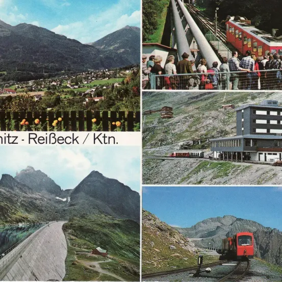 Ein Collage von Bildern mit den Alpen, einer roten Seilbahn, einem Bergdorf und einem Damm.