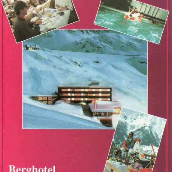 Eine Collage von Bildern, die ein Restaurant, einen Swimmingpool, einen verschneiten Berg mit einem Hotel und eine Person mit einem Snowboard im Schnee zeigen.