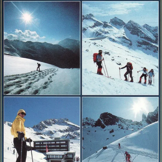 Vier Fotos von verschneiten Bergen. Eine zeigt eine allein stehende Person beim Skifahren. Eine andere zeigt eine Gruppe von drei Personen beim Skifahren. Eine weitere zeigt eine Frau in einem gelben Mantel beim Skifahren. Das letzte Foto zeigt eine Gruppe von Personen, die einen Hang hinunterfahren.