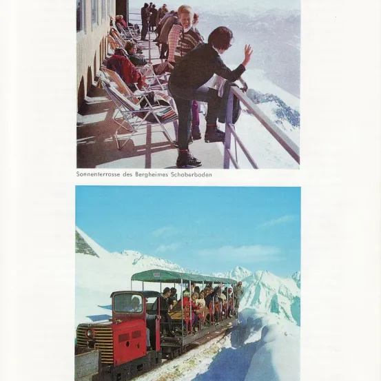 Zwei Bilder einer verschneiten Berglandschaft. Oben sitzen Menschen auf Stühlen, unten fährt ein Zug auf einer Strecke.