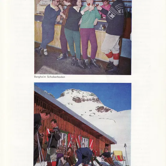 Zwei Bilder zeigen Menschen in einer Skihütte. Das erste Bild zeigt Menschen in Winterkleidung, die an einer Bar trinken. Das zweite Bild zeigt Menschen, die vor einer Holzhütte mit einem verschneiten Berg im Hintergrund Ski fahren und sich ausruhen.