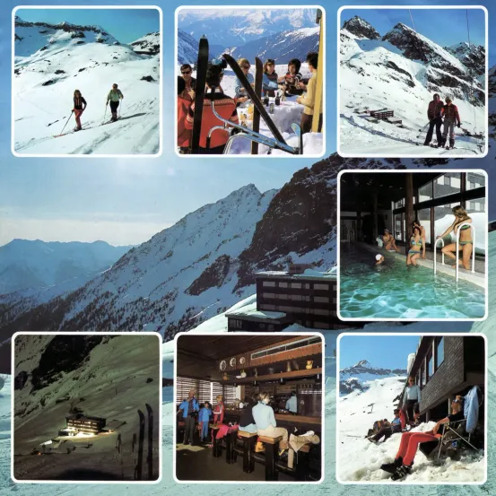 Eine Collage von verschneiten Bergen, Skifahrern, einem Pool und Menschen, die sich in einer Lodge entspannen.