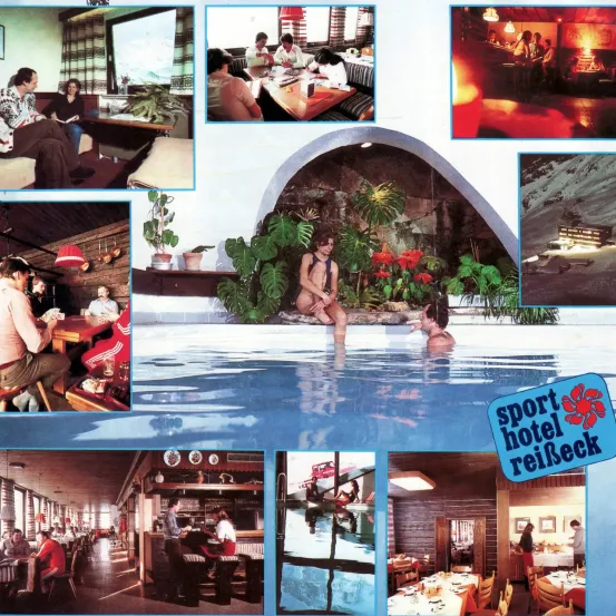 Eine Collage von Bildern, die verschiedene Szenen in einem Resort zeigen. Ein Bild zeigt eine Frau im Schwimmbecken, ein anderes zeigt eine Gruppe beim Essen, und weitere Bilder zeigen Gäste, die sich entspannen und die Einrichtungen genießen.