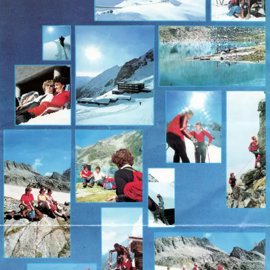 Eine Collage von Bergabenteueraktivitäten. Szenen zeigen Menschen beim Skifahren, Klettern und Sitzen am See, alles vor dem Hintergrund eines verschneiten Berges.