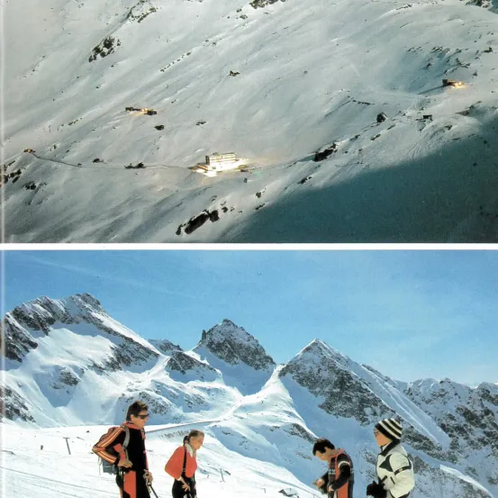 Zwei Fotos einer verschneiten Bergkette. Das obere Foto zeigt eine Skilift, ein Gebäude und einen Weg. Das untere Foto zeigt vier Personen in Winterkleidung, die auf einer verschneiten Oberfläche stehen.