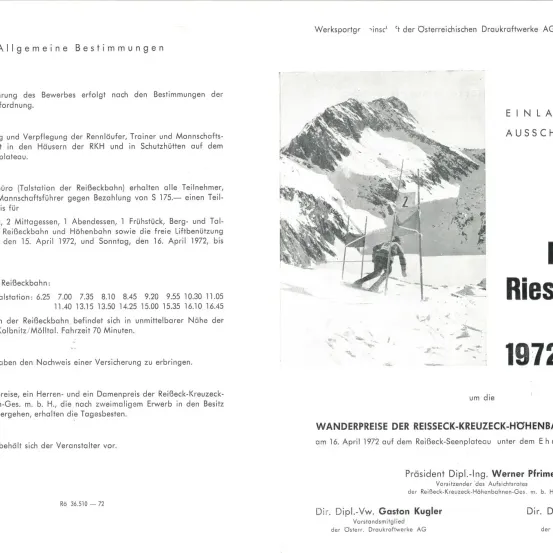 Dokument der Österreichischen Bundesbahnverwaltung mit Veranstaltungsdetails für April 1972. Beinhaltet Fahrplan, Ticketpreise und Veranstaltungsspezifikationen. Enthält ein Bild eines Skifahrers.