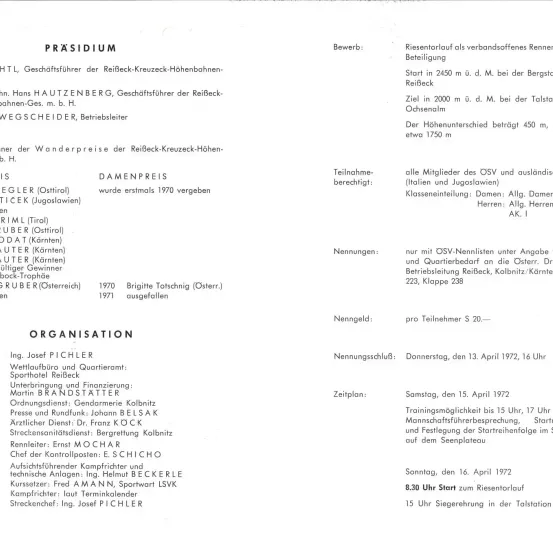 Dokument enthält organisatorische Details und Zeitpläne für eine Veranstaltung. Josef Pichler leitet die Organisation, mit Ernst Mochar als Leiter der Kontrollposten. Die Veranstaltung beinhaltet eine Zugfahrt mit verschiedenen Stationen und umfasst eine Startzeit von 8:30 und eine Endzeit von 15:00.