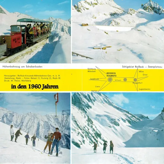 Postkarte der Bergbahn am Schoberboden in den 1960er Jahren. Sie zeigt einen Zug auf den Schienen, verschneite Berge und eine Karte des Gebiets. Unten sind Menschen beim Skifahren auf den verschneiten Hängen.