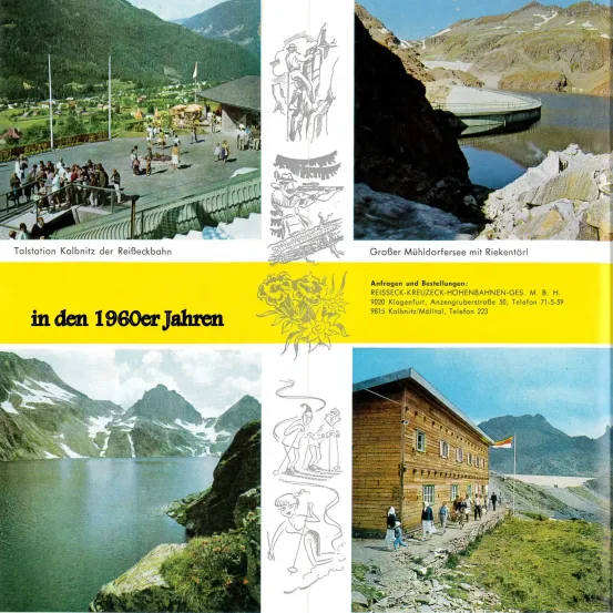 Postkarte mit einer Berglandschaft, einem Bahnhof und einer Berghütte. Die Postkarte stammt aus den 1960er Jahren.