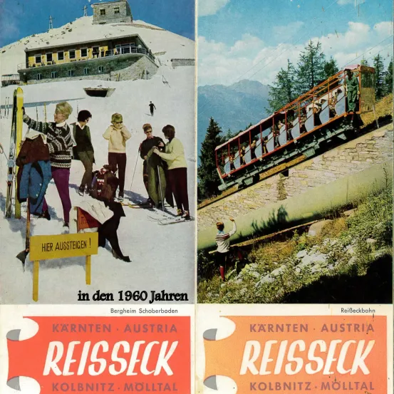 Poster aus den 1960er Jahren, das Menschen beim Skifahren und eine Seilbahn in den österreichischen Bergen zeigt. Der Text lautet 'Reisseck' und 'Kolbnitz Mölltal'.