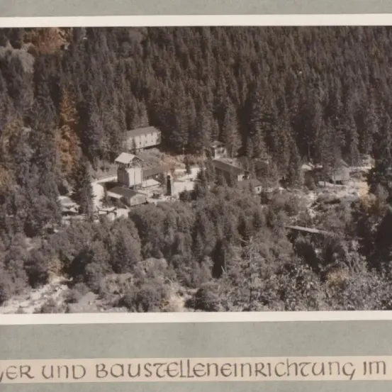 Eine Luftaufnahme eines bewaldeten Gebiets mit mehreren Gebäuden und Strukturen. Die Gebäude sind zwischen hohen Bäumen eingebettet.