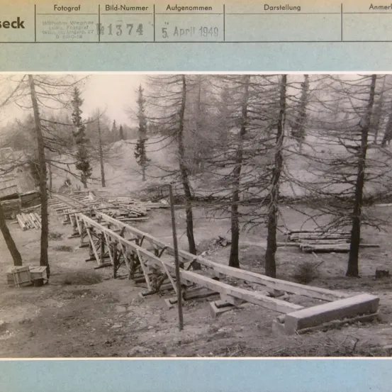 Ein Schwarz-Weiß-Foto zeigt einen Wald mit einer im Bau befindlichen Holzbrücke. Es wurde am 5. April 1949 aufgenommen.