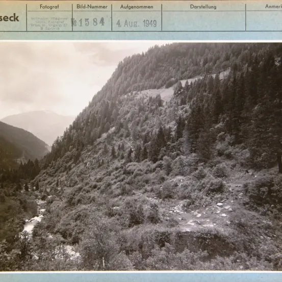 Ein Foto einer Bergregion mit einem Fluss, aufgenommen am 4. August 1949. Der Fotograf ist Wilhelm Wagner. Das Bild zeigt eine Landschaft mit dichter Vegetation.