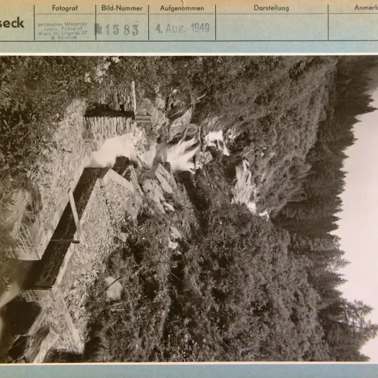 Das Bild zeigt eine Fotografie mit einem Wasserzeichen von Wilhelm Wagner, datiert auf den 4. August 1949. Die Fotografie zeigt eine landschaftliche Ansicht mit einer markanten Struktur und üppiger Vegetation.