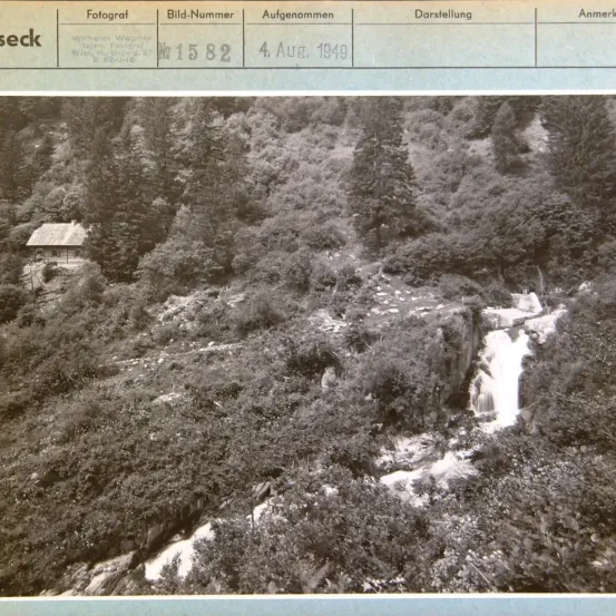 Ein Schwarz-Weiß-Foto zeigt einen bewaldeten Hang mit einem Wasserfall. Ein kleines Haus ist im linken Eck zu sehen. Über dem Bild stehen Details zum Foto, einschließlich des Fotografennamens und des Aufnahmedatums.