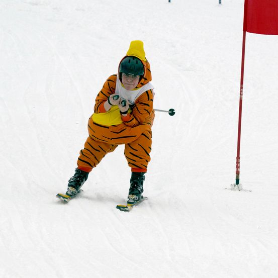 Eine Person in einem Tigerkostüm fährt mit Skiern einen verschneiten Hang hinunter, trägt einen Helm und Skiausrüstung. Ein roter Flaggenpfosten ist im Hintergrund zu sehen.