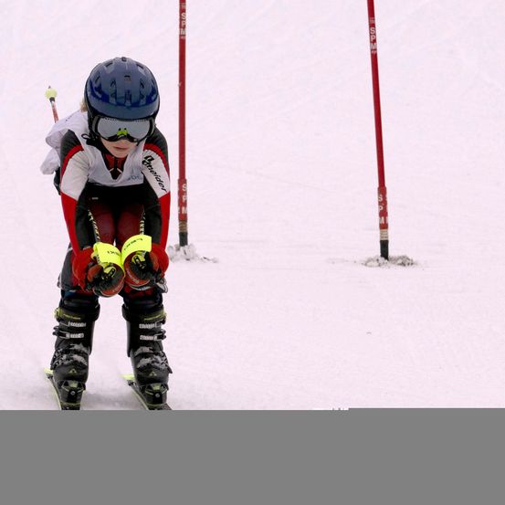 Ein Skifahrer ist nach vorne gebeugt, hält Skistöcke fest, mit einem roten Marker dahinter, auf einer verschneiten Piste.