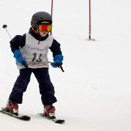 Ein junger Skifahrer in einem blauen Trikot mit der Nummer 14 fährt bergab. Sie tragen einen Helm, eine Schutzbrille und Handschuhe. Der Hintergrund ist verschneit mit roten Stangen.