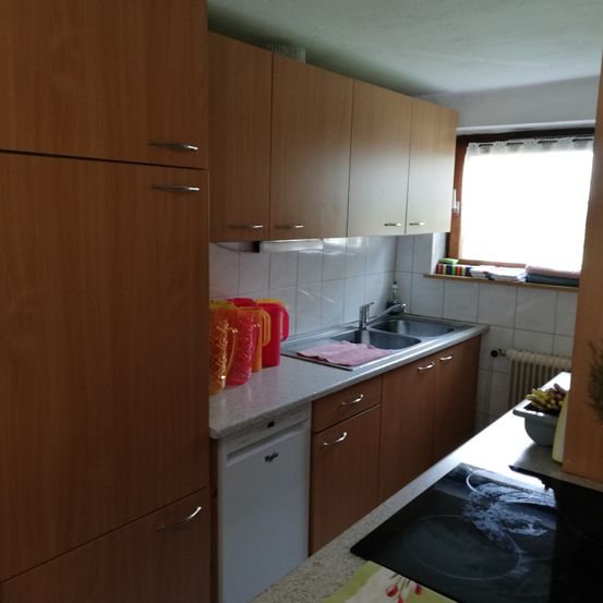 Bild enthält, Indoors, Interior Design, Plywood, Wood, Cupboard, Furniture, Kitchen, Plant, Flooring, Cabinet