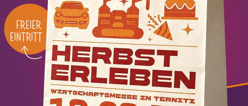 Ein Werbebeutel für die Herbst Erleben Wirtschaftsmesse in Ternitz mit Illustrationen von Autos, Menschen und Herbstblättern, Datum 19.09.2020 und Informationen zum freien Eintritt.