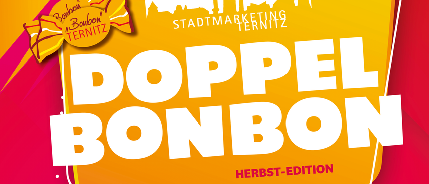 Ein farbenfrohes Werbeplakat für 'DOPPEL BONBON', die Herbstausgabe, mit einem farbenfrohen Hintergrund, einem gelben Bonbon-Umschlag und einer Stadtsilhouette. Der Text 'Herbst-Edition' ist prominent angebracht.
