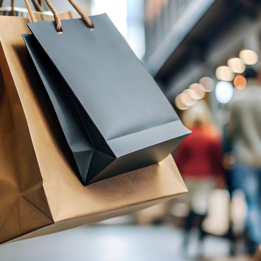 Mehrere Einkaufstüten hängen an Griffen. Im Hintergrund gehen Menschen, leicht unscharf.