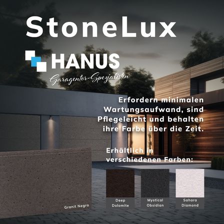 StoneLux von HANSU, Garagen-Spezialisten, erfordern minimalen Wartungsaufwand, sind pflegeleicht und behalten ihre Farbe über die Zeit. Erhältlich in verschiedenen Farben: Deep Dolomite, Mystical Obsidian und Sahara Diamond.