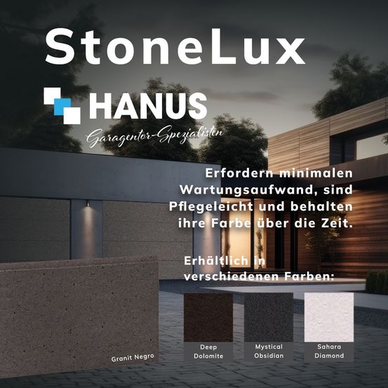 StoneLux von HANSU, Garagen-Spezialisten, erfordern minimalen Wartungsaufwand, sind pflegeleicht und behalten ihre Farbe über die Zeit. Erhältlich in verschiedenen Farben: Deep Dolomite, Mystical Obsidian und Sahara Diamond.