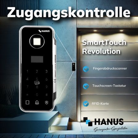 Werbung für Hanus Zugangskontrolle mit einem Smart Lock, Fingerabdruckscanner, Touchscreen und RFID-Kartenkompatibilität.