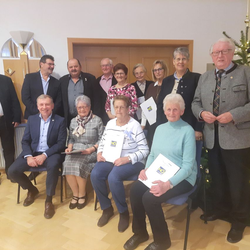 Eine Gruppe von Menschen, einige stehend und einige sitzend, posiert für ein Foto in einem Raum mit einem Weihnachtsbaum im Hintergrund. Sie halten alle Urkunden in den Händen.