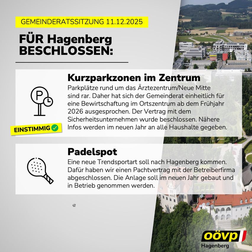 Plakat für die Gemeinderatssitzung Hagenbergs am 11.12.2025. Es zeigt zwei Themen: Kurzzeitparkplätze im Zentrum und ein neuer Padelsportplatz. Die Sitzung beschloss einen Vertrag für Parkplätze und einen neuen Padelplatz. Weitere Informationen werden im nächsten Jahr bekannt gegeben.