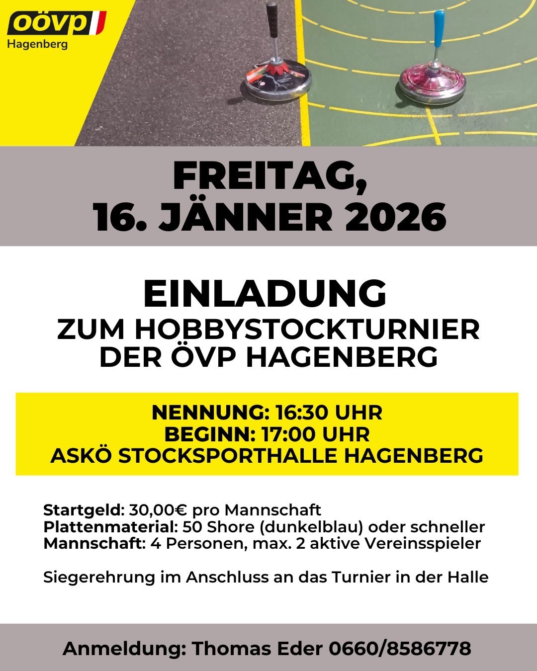 Einladung zum Hobbystockturnier der OVP Hagenberg am Freitag, 16. Januar 2026. Die Nennung beginnt um 16:30 Uhr und das Turnier startet um 17:00 Uhr. Der Veranstaltungsort ist die Asko Stocksporthalle Hagenberg.