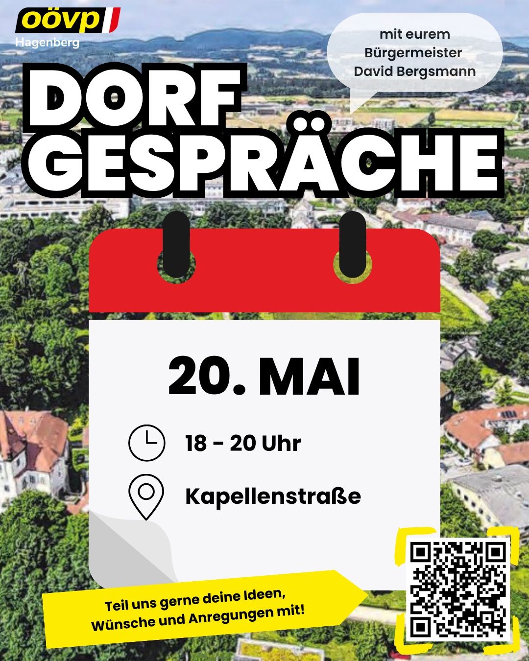 Poster for Dorf Gesprache event on May 20th from 18-20. Location is Kapellenstrasse. QR code for more information.