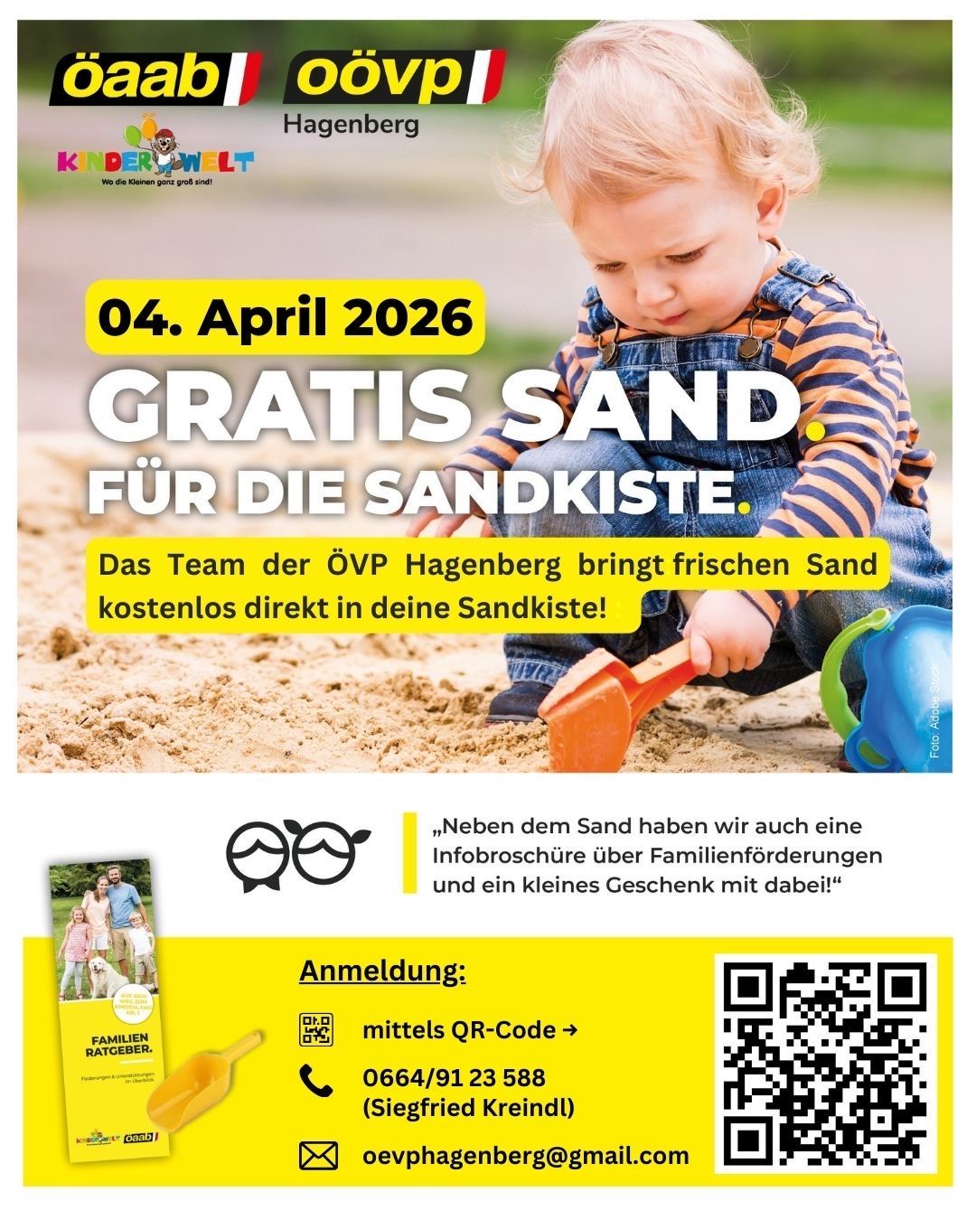 Poster für kostenlosen Sand für Sandkästen am 04. April 2026. Ein Kind spielt in einem Sandkasten. Der Text lautet 'GRATIS SAND FÜR DIE SANDKISTE'. Die Telefonnummer ist 0664/9123588. Ein QR-Code ist für die Anmeldung verfügbar.