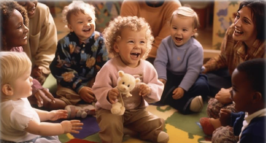 Eine Gruppe junger Kinder und Erwachsener sitzt im Kreis, lächelt und hält einen Teddybären.