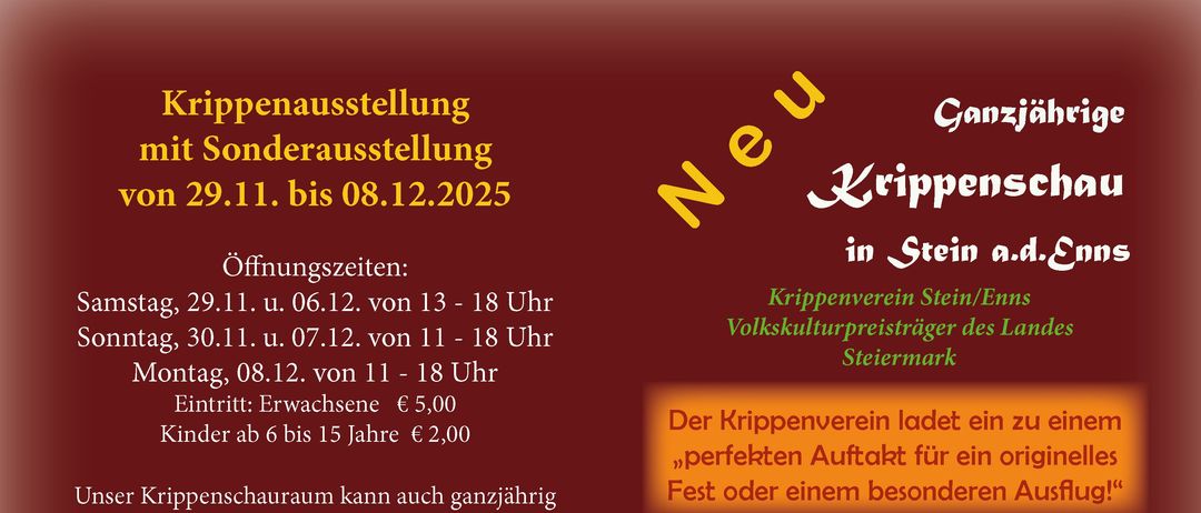 Flugblatt für eine Krippenausstellung mit Sonderöffnungszeiten vom 29.11. bis 08.12.2025. Eintrittspreise sind aufgeführt, zusammen mit Kontaktdaten und einer Einladung zum Besuch der wunderschön gestalteten Krippenausstellung.