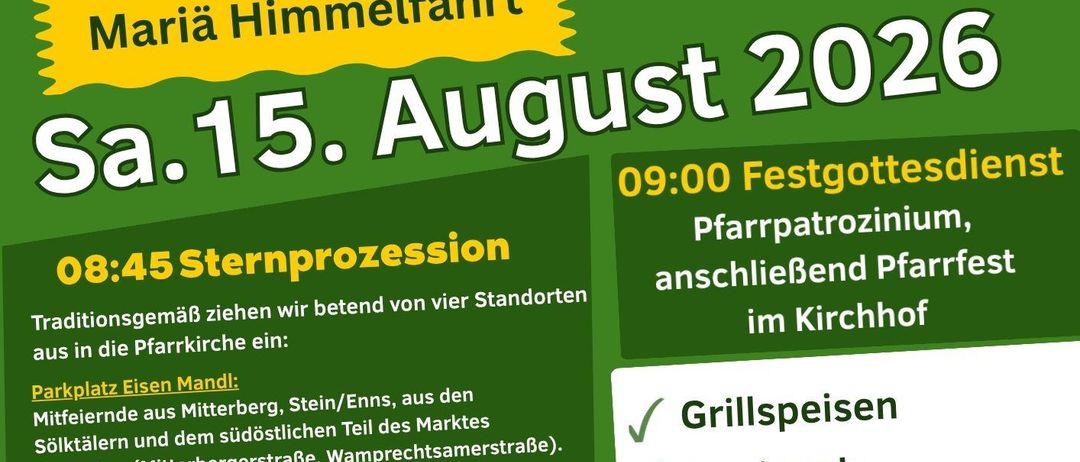 Plakat für das Pfarrfest Gröbming am 15. August 2026 mit Informationen über die Prozession, den Gottesdienst und Aktivitäten.