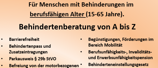 Ein Plakat mit Informationen zur Behindertenberatung für Menschen mit Behinderungen im Alter von 15-65 Jahren. Es listet verschiedene verfügbare Vorteile und Dienstleistungen auf, einschließlich barrierefreier Zugang, Behindertenpässe und Unterstützung für Pflegende. Das Plakat enthält auch Kontaktdaten und ein Datum für die nächste Beratung.