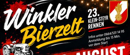 Plakat für die Bierzell-Veranstaltung am 22. August. Zeigt einen Traktor, eine Gruppe Musiker und einen Zeitplan mit Aktivitäten wie Traktorrennen, Live-Musik und einer Siegesfeier.