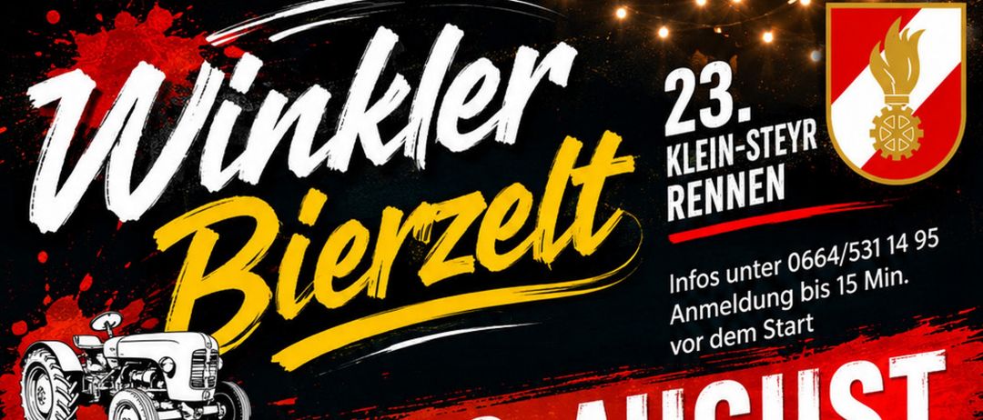 Plakat für die Bierzell-Veranstaltung am 22. August. Zeigt einen Traktor, eine Gruppe Musiker und einen Zeitplan mit Aktivitäten wie Traktorrennen, Live-Musik und einer Siegesfeier.