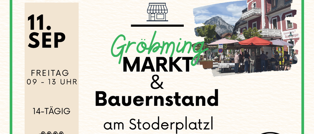 Werbeanzeige für einen Markt- und Bauernstand-Event mit lokalen Produkten von regionalen Landwirten und Produzenten. Der Event findet täglich um 13 Uhr statt.