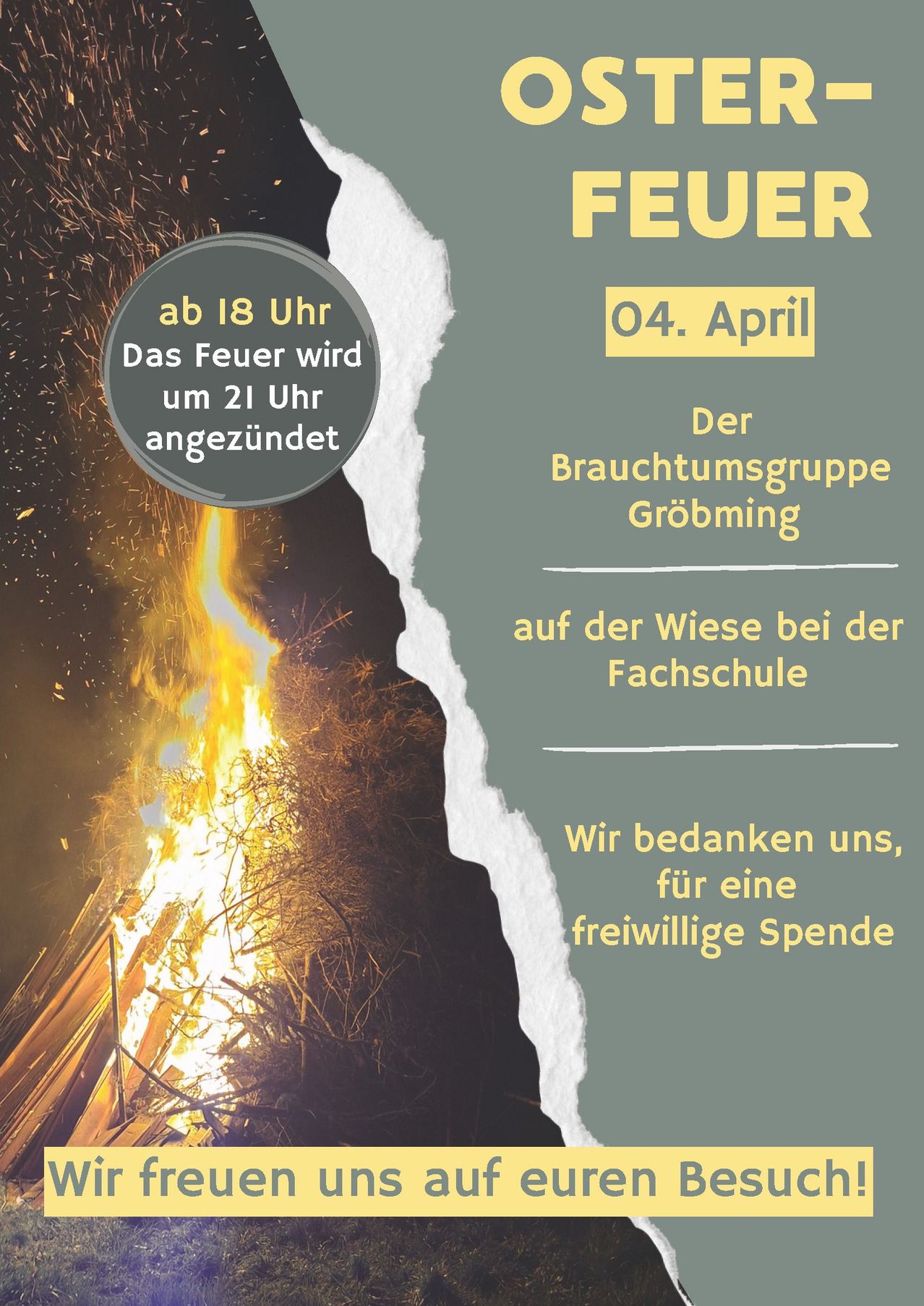 Plakat für ein Lagerfeuer-Event am 4. April. Das Feuer wird um 21 Uhr angezündet. Ort ist die Wiese bei der Fachschule. Die Hochzeitsgruppe Grobming dankt für eine freiwillige Spende.