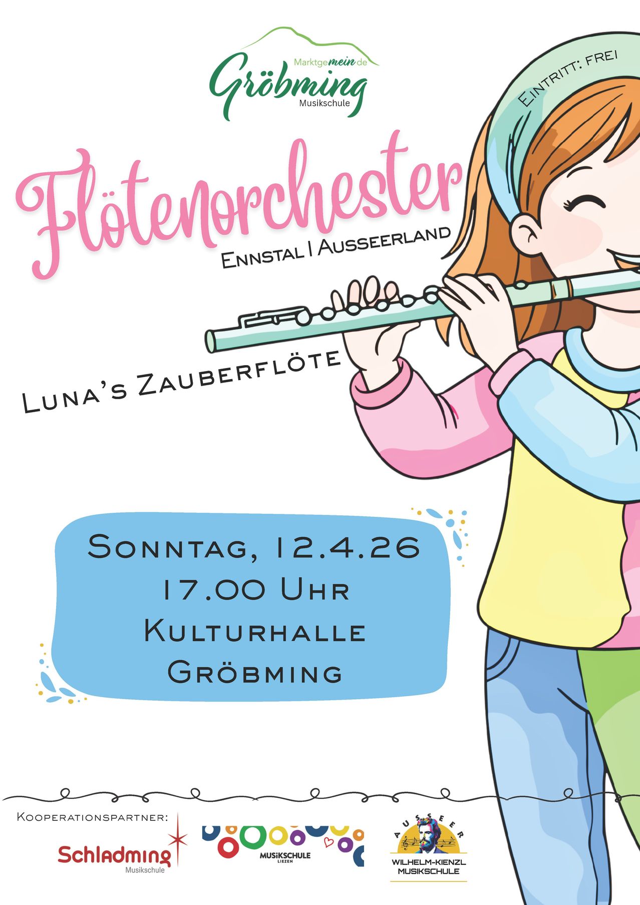 Ein Plakat für ein Flötenorchesterkonzert zeigt ein Mädchen, das Flöte spielt, mit Datum und Uhrzeit des Events angezeigt.