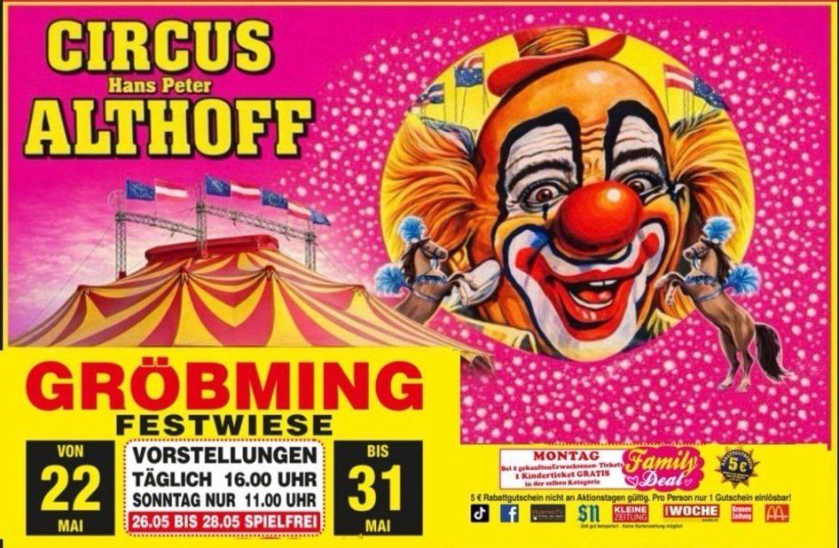 Poster des Zirkus Hans Peter Holthoff mit einem Clown vor einem Zirkuszelt im Hintergrund. Tägliche Vorstellungen um 16 Uhr, Sonntag nur um 11 Uhr. Termine vom 26. Mai bis 28. Mai.