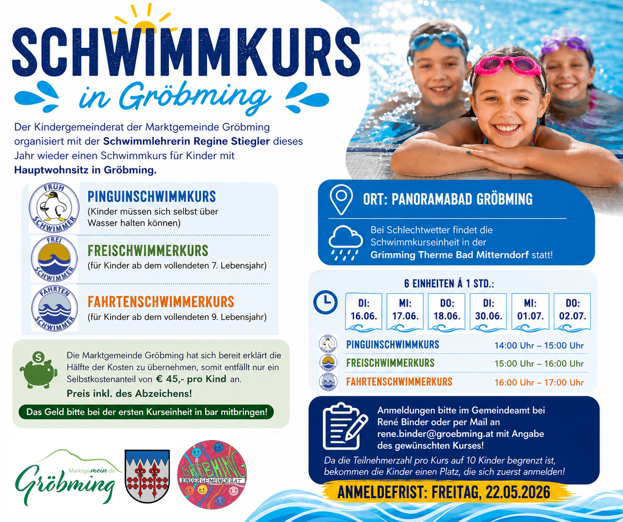 Plakat für Schwimmkurse in Gröbming, mit Kindern in Schwimmbrillen und Details zu Kurs, Ort und Terminen. Der Kurs umfasst Pinguin-Schwimmen, Frei-Schwimmen und Auto-Schwimmen für Kinder. Anmeldung online oder per Mail möglich.