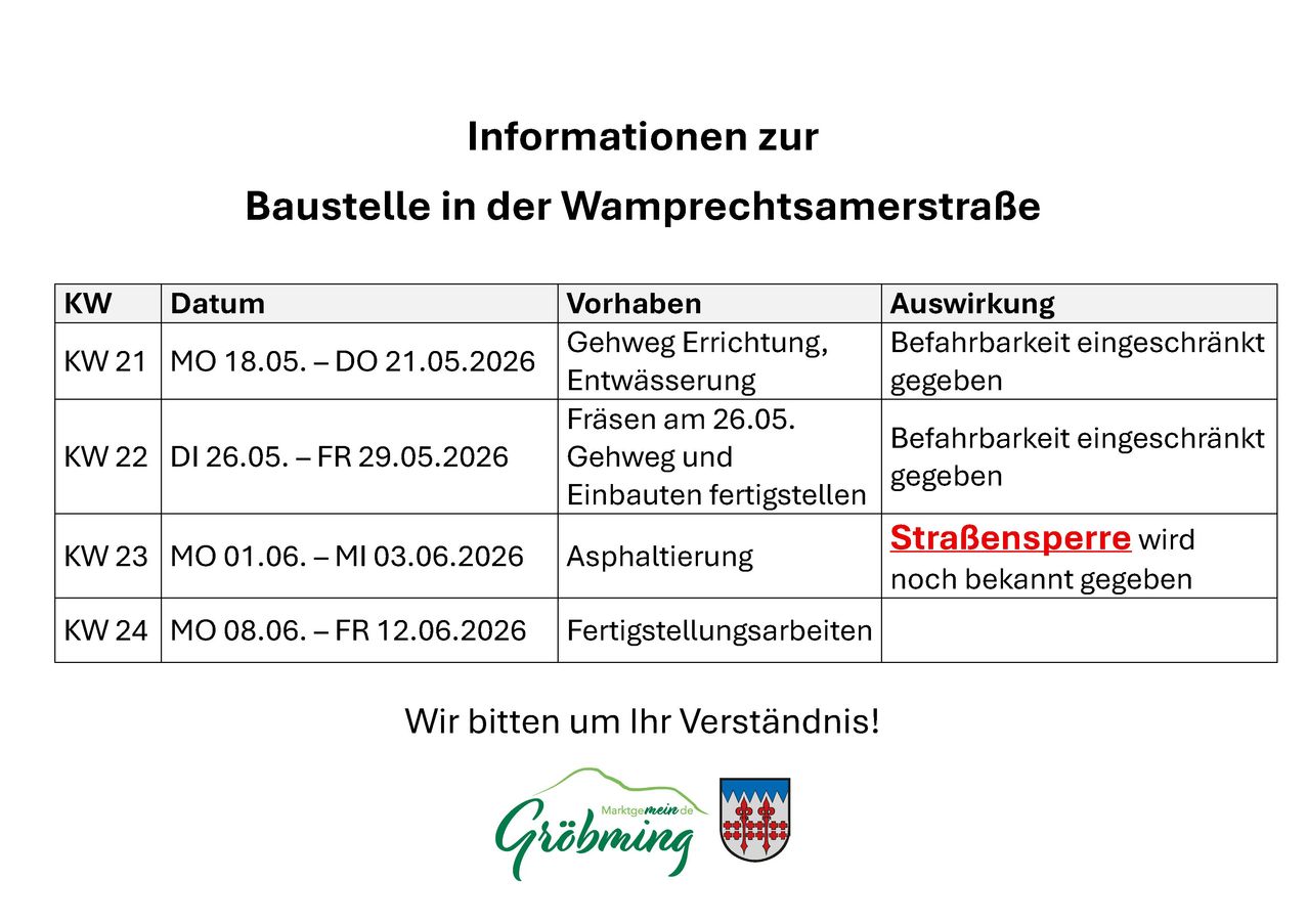 Das Bild zeigt einen Zeitplan für Bauarbeiten in der Wambrechtsamerstraße. Straßenbau, Entwässerung und Rohrverlegung sind vom 18. bis 21. Mai 2026 geplant. Straßenbau und Rohrverlegung ist vom 26. bis 29. Mai 2026 vorgesehen. Asphaltierung ist vom 1. bis 3. Juni 2026 geplant. Straßenfertigstellung ist vom 8. bis 12. Juni 2026 vorgesehen.