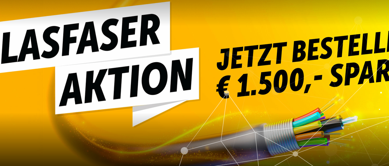 Ein Werbebanner mit dem Text 'ASER KTION' und 'JETZT E 1.500' auf gelbem Hintergrund mit einem Kabel und Netzwerkverbindungen.