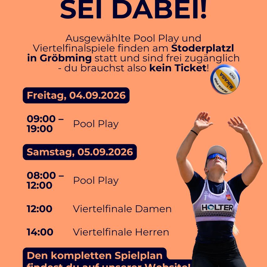 Plakat für Pool-Spiel und Viertelfinale in Gröbming, freier Eintritt, kein Ticket nötig. Termine: Fr 04.09.2026, 09:00-19:00 und Sa 05.09.2026, 08:00-12:00, 12:00-14:00.